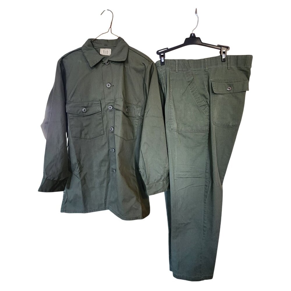 Vintage Military Green Shirt & Pants Set 15.5x31 Button-Down Cotton Mens Uniform